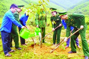 Tuổi trẻ Bộ đội Biên phòng tỉnh Nghệ An và đoàn viên thanh niên địa phương hăng hái trồng cây Xuân Bính Ngọ 2026. (Ảnh HIẾU THẠCH)