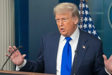 Tổng thống Mỹ Donald Trump trong cuộc họp báo tại Washington D.C. Ảnh: THX/TTXVN