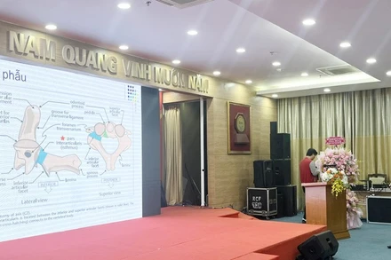 Các diễn giả trình bày tham luận lĩnh vực phẫu thuật cấp cứu thần kinh tại hội thảo.