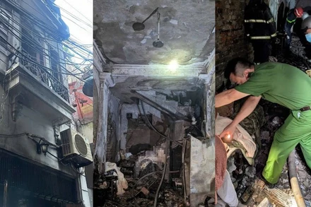 Hiện trường vụ cháy xảy ra tại ngôi nhà 4 tầng, 1 tầng tum nằm sâu trong ngõ.