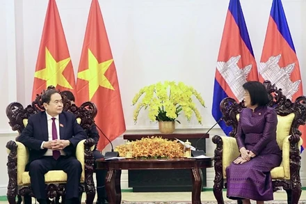 Chủ tịch Quốc hội Trần Thanh Mẫn hội kiến Chủ tịch Quốc hội Campuchia Khuon Sudary. (Ảnh: quochoi.vn)