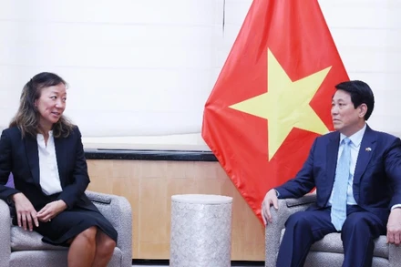 Chủ tịch nước Lương Cường tiếp Giáo sư Nguyễn Thị Liên Hằng, Giám đốc Viện Đông Á Weatherhead. (Ảnh: LÂM KHÁNH – TTXVN)