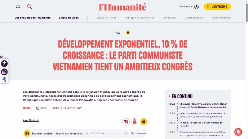 Báo Nhân đạo nhấn mạnh mục tiêu đề ra từ Đại hội XIV đạt tốc độ tăng trưởng GDP bình quân từ 10%/năm trở lên.