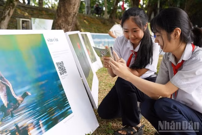 Các bạn học sinh thích thú khi được trực tiếp trải nghiệm “Trạm Nghe chim kể chuyện” ứng dụng trí tuệ nhân tạo (AI).