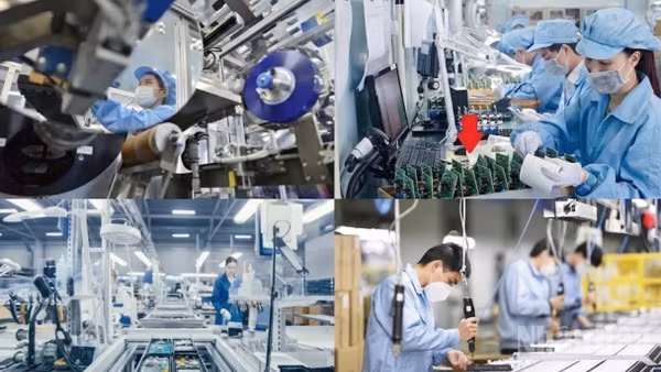 Hệ thống robot tự động hóa và bảng điều khiển dữ liệu thông minh trong một nhà máy sản xuất hiện đại, minh chứng cho việc doanh nghiệp ứng dụng thành công các giải pháp công nghệ để tối ưu hóa năng suất và hướng tới phát triển bền vững. (Ảnh: MAI HUYÊN)