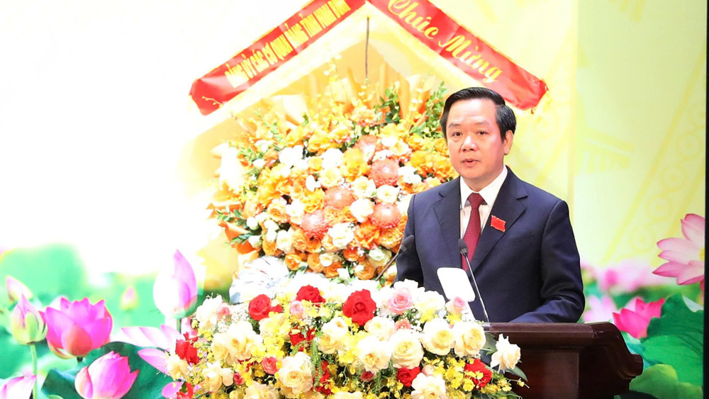 Đồng chí Phạm Quang Ngọc, Phó Bí thư Tỉnh ủy, Bí thư Đảng bộ Ủy ban nhân dân, Chủ tịch Ủy ban nhân dân tỉnh Ninh Bình phát biểu khai mạc đại hội. 3a.jpg