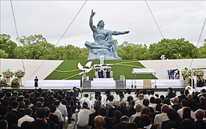 Quang cảnh lễ tưởng niệm 80 năm ngày Mỹ ném bom nguyên tử xuống thành phố Nagasaki, Nhật Bản, ngày 9/8/2024. (Ảnh: TTXVN)
