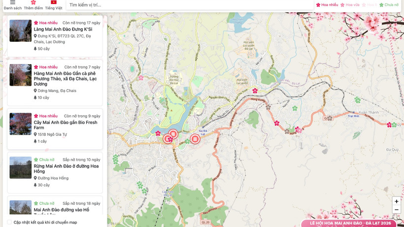 Với bản đồ mai anh đào Đà Lạt số, du khách có thể tra cứu thông tin chính xác về từng địa điểm, trạng thái của từng khu vực hoa nở. (Ảnh chụp màn hình)
