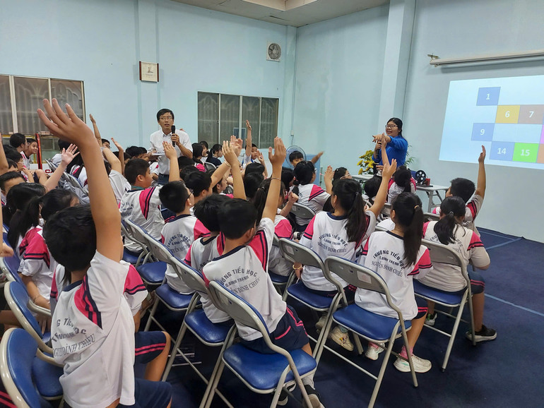 Các em học sinh tham gia một tiết học ngoại khóa về các giải pháp tiết kiệm điện. z6583179069222-63b35d4fdf80ea4c5a8bed5b6f4a71c8.jpg
