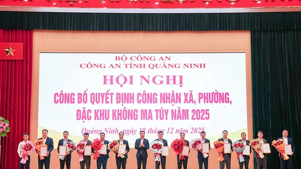 Đồng chí Lê Văn Ánh, Phó Chủ tịch Ủy ban nhân dân tỉnh Quảng Ninh trao Quyết định công nhận địa bàn không ma túy năm 2025 cho các địa phương.​​​​