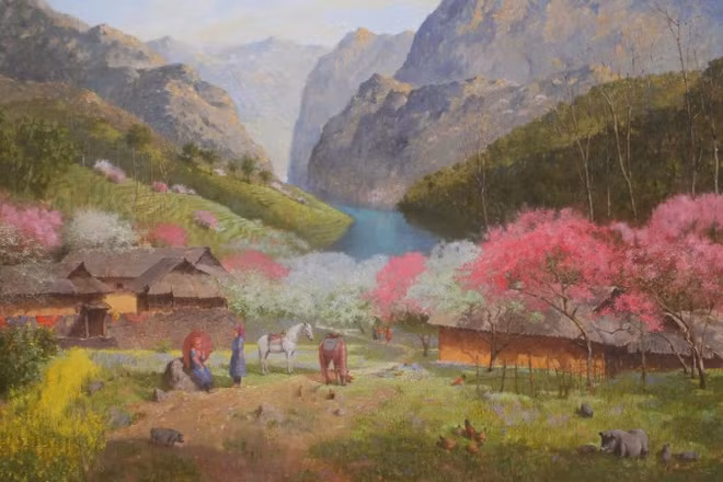 Một trích đoạn tranh sơn dầu "Chuyện ngày xuân" của họa sĩ Lê Thư.