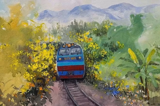 Tác phẩm "Đường tàu đường hoa" của họa sĩ Quỳnh Thơm. (Ảnh: NVCC)