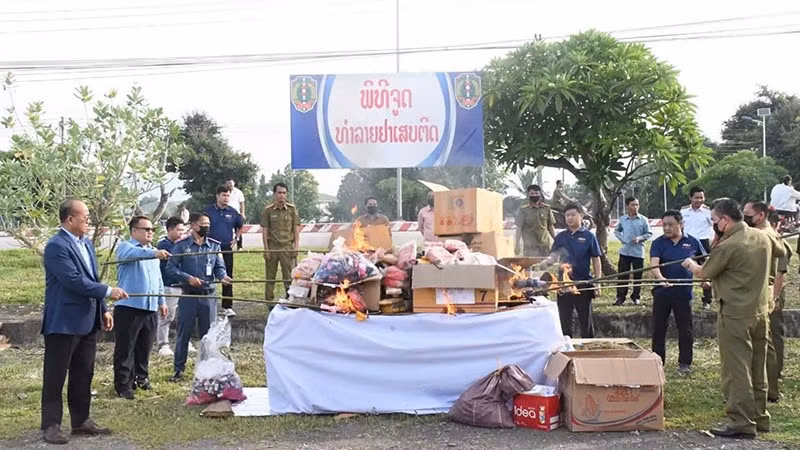 Tiêu hủy ma túy tại tỉnh Sayaboury (Bắc Lào). (Ảnh: PASAXON)