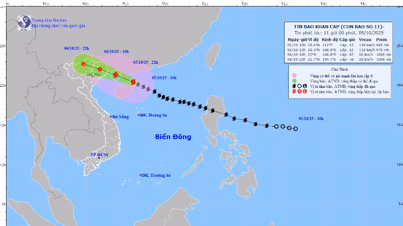 Bản đồ dự báo quỹ đạo và cường độ bão số 11 phát lúc 11 giờ ngày 5/10/2025. (Nguồn: Trung tâm Dự báo khí tượng thủy văn quốc gia)