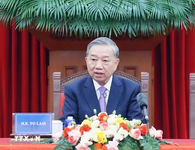 Tổng Bí thư Tô Lâm phát biểu tại buổi tiếp Trưởng đoàn các nước tham dự Lễ mở ký Công ước Hà Nội. (Ảnh: TTXVN)
