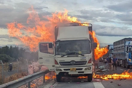 [Video] Lửa thiêu rụi xe tải và hàng hóa trên cao tốc Vĩnh Hảo - Phan Thiết