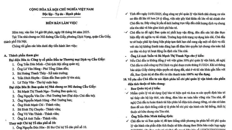 Biên bản buổi làm việc ngày 8/4/2025 giữa đầu tư và cư dân.