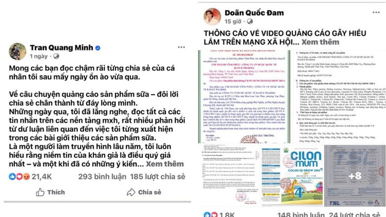 Ảnh chụp trang cá nhân của Trần Quang Minh và Doãn Quốc Đam "trần tình" về sự việc quảng cáo sữa giả.
