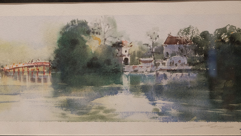 Họa sĩ Minh Đàm gây ấn tượng với bộ sưu tập tranh màu nước về các danh lam thắng cảnh và di sản.