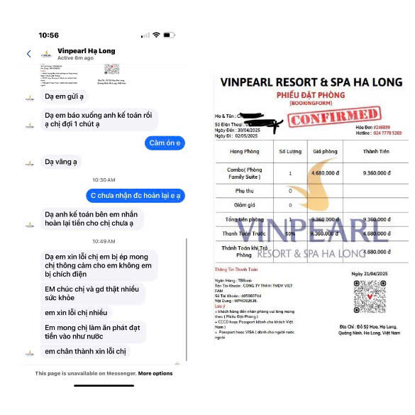 Tin nhắn và phiếu đặt phòng các đối tượng lừa đảo gửi cho chị L.H.O. (Ảnh chụp màn hình)