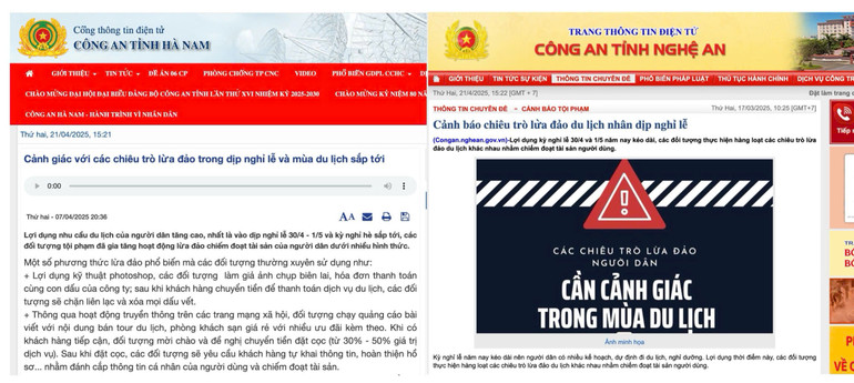 Cảnh báo trên Cổng thông tin điện tử Công an tỉnh Hà Nam (trái) và Công an tỉnh Nghệ An (phải) về các chiêu trò lừa đảo dịp nghỉ lễ, mùa du lịch. (Ảnh: chụp màn hình)