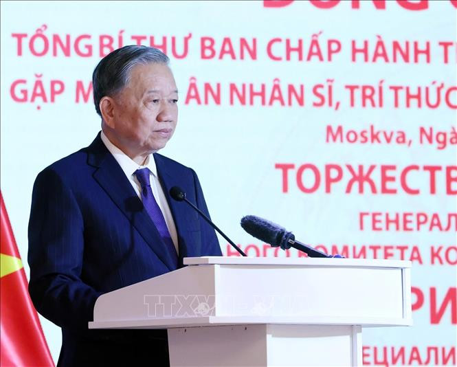 Tổng Bí thư Tô Lâm phát biểu tại buổi gặp mặt tri ân nhân sĩ, trí thức, chuyên gia Nga từng giúp đỡ Việt Nam. (Ảnh: TTXVN)