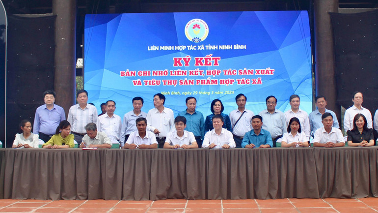 15 đơn vị hợp tác xã có sản phẩm tiêu biểu được tôn vinh ký biên bản ghi nhớ với đơn vị tiêu thụ lớn và Trung tâm Công nghệ chống hàng giả Việt Nam. (Ảnh: YẾN TRINH)