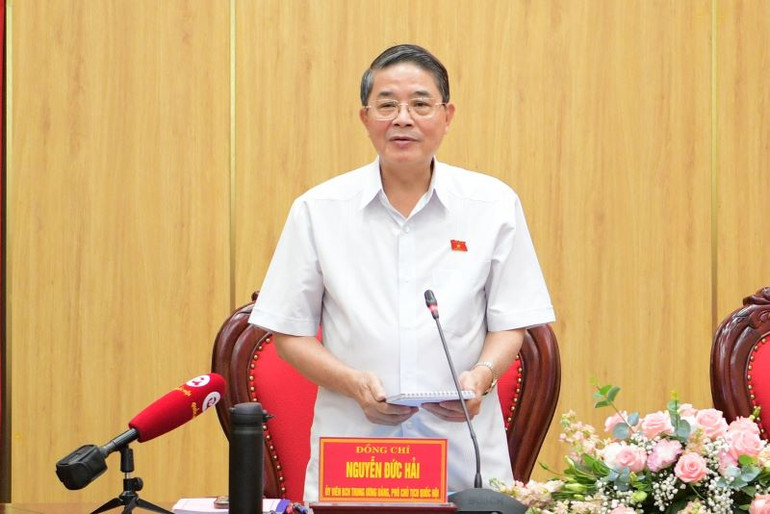 Đồng chí Nguyễn Đức Hải, Ủy viên Trung ương Đảng, Phó Chủ tịch Quốc hội, Phó Trưởng nhóm 3, phát biểu kết luận hội nghị. (Ảnh: TRƯỜNG GIANG)