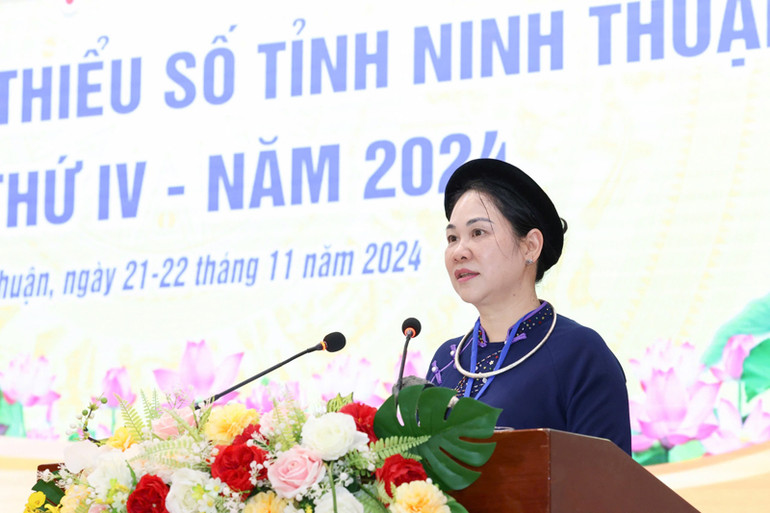 Thứ trưởng, Phó Chủ nhiệm Ủy ban Dân tộc Nông Thị Hà phát biểu tại đại hội.