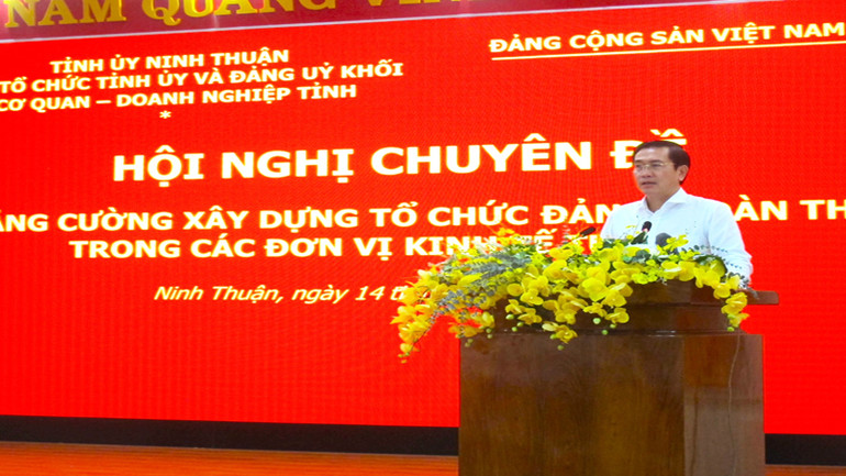 Đồng chí Phạm Văn Hậu, Phó Bí thư Thường trực Tỉnh ủy, Chủ tịch Hội đồng nhân dân tỉnh Ninh Thuận, Trưởng Ban Chỉ đạo tỉnh về xây dựng tổ chức Đảng, đoàn thể phát biểu tại hội nghị.
