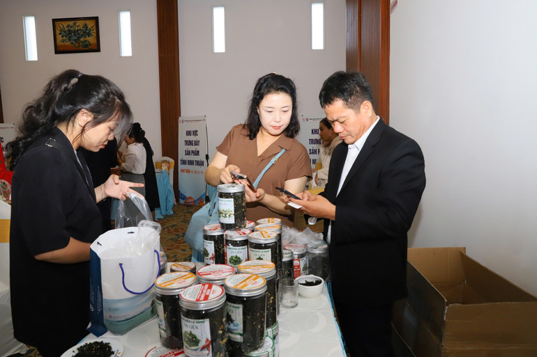 Các doanh nghiệp Hàn Quốc tham quan sản phẩm đạt sản phẩm OCOP 3 sao của các doanh nghiệp Ninh Thuận sản xuất và trưng bày tại hội nghị. (Ảnh: NGUYỄN TRUNG)