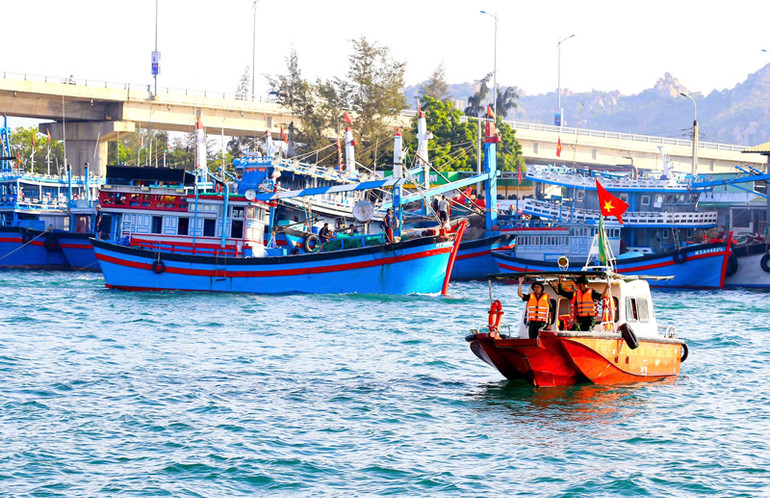 Lực lượng Bộ đội Biên phòng tỉnh Ninh Thuận tăng cường tuần tra, kiểm soát tàu thuyền cập các cảng biển tại Ninh Thuận để tuyên truyền, vận động ngư dân thực hiện tốt việc khai thác thủy sản đúng quy định, góp phần tháo gỡ "thẻ vàng" của EC. (Ảnh:NGUYỄN TRUNG)