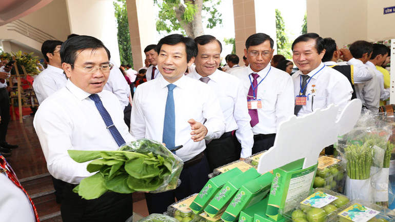 Các đại biểu tham quan gian hàng trưng bày tại Hội nghị, giới thiệu những sản phẩm có giá trị kinh tế, đem lại thu nhập cao cho nông dân Ninh Thuận trong thời gian qua.