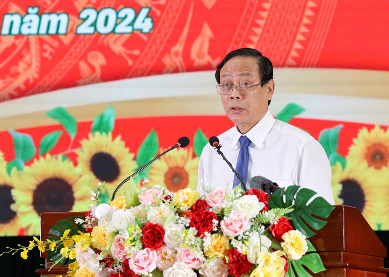 Bí thư Tỉnh ủy Ninh Thuận Nguyễn Đức Thanh phát biểu tại buổi lễ kỷ niệm. (Ảnh: NGUYỄN TRUNG)