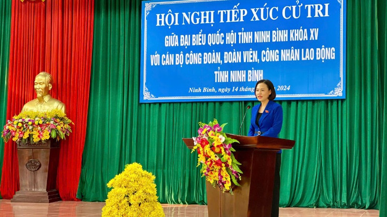 Phó trưởng Đoàn đại biểu Quốc hội tỉnh Ninh Bình Trần Thị Hồng Thanh phát biểu tại Hội nghị tiếp xúc cử tri.