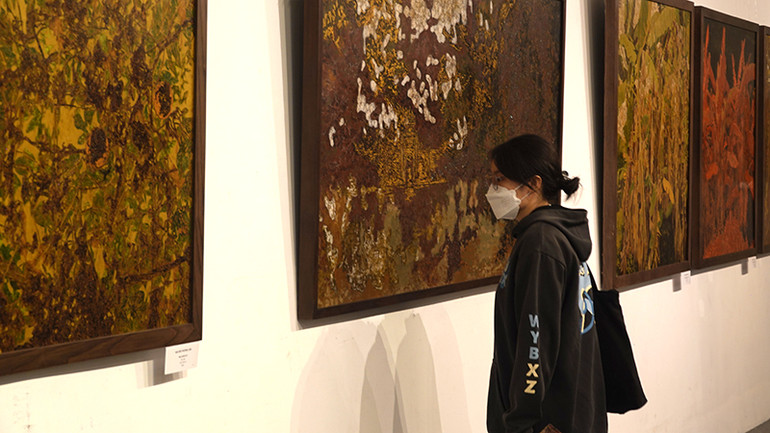 Khán giả xem tranh của họa sĩ Nguyễn Trường Linh tại triển lãm.