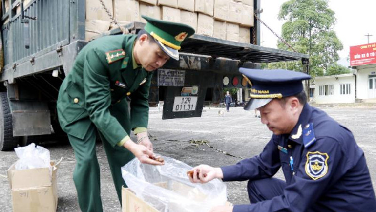 Lực lượng chức năng tại cửa khẩu Nà Nưa, Tràng Định (Lạng Sơn) kiểm tra lô hàng long nhãn xuất qua cửa khẩu.