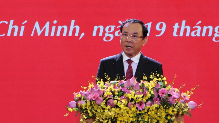 Đồng chí Nguyễn Văn Nên, Ủy viên Bộ Chính trị, Bí thư Thành ủy Thành phố Hồ Chí Minh, phát biểu chỉ đạo tại buổi lễ.