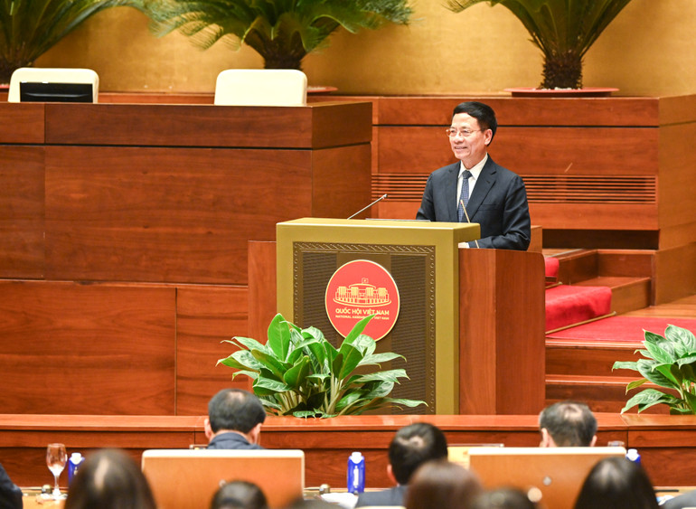 Bộ trưởng Khoa học và Công nghệ Nguyễn Mạnh Hùng trình bày tham luận tại hội nghị. (Ảnh: DUY LINH)