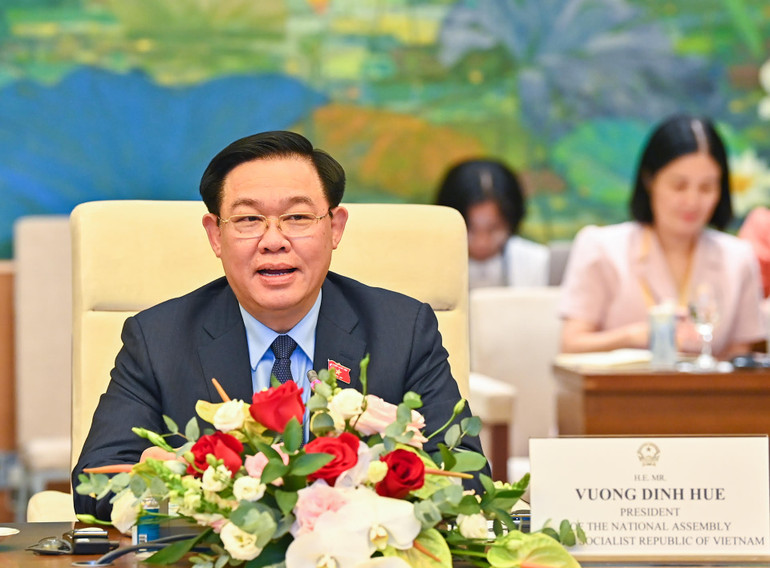 Chủ tịch Quốc hội Vương Đình Huệ phát biểu tại buổi tiếp. (Ảnh: Duy Linh)