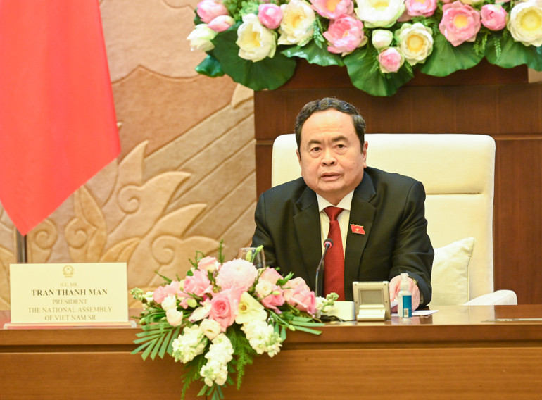 Chủ tịch Quốc hội Trần Thanh Mẫn phát biểu tại buổi tiếp. (Ảnh Duy Linh)