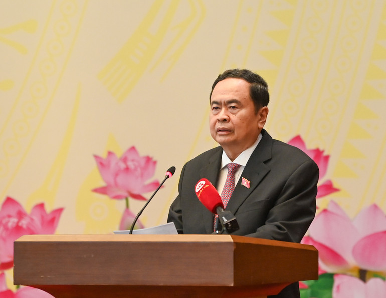 Chủ tịch Quốc hội Trần Thanh Mẫn phát biểu tại cuộc gặp mặt. (Ảnh: DUY LINH)