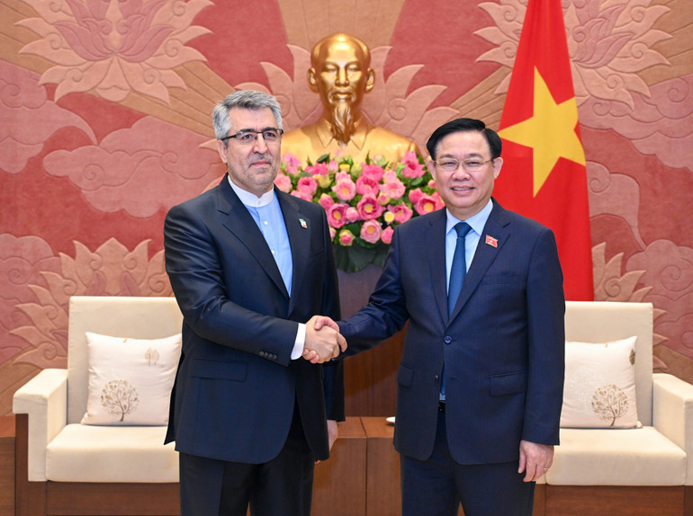 Chủ tịch Quốc hội Vương Đình Huệ và Đại sứ Iran Ali Akbar Nazar tại buổi tiếp. (Ảnh: Duy Linh)