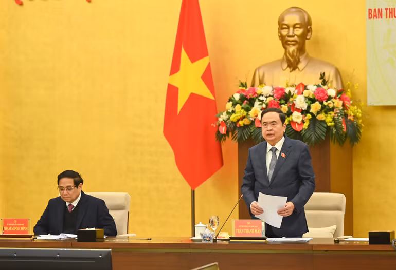 Bí thư Đảng ủy Quốc hội, Chủ tịch Quốc hội Trần Thanh Mẫn phát biểu khai mạc hội nghị. (Ảnh: Duy Linh)