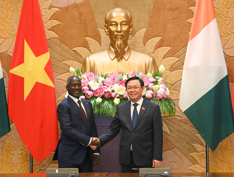 Chủ tịch Quốc hội Vương Đình Huệ và Chủ tịch Quốc hội Adama Bictogo chủ trì buổi hội đàm giữa Quốc hội hai nước. (Ảnh: DUY LINH)