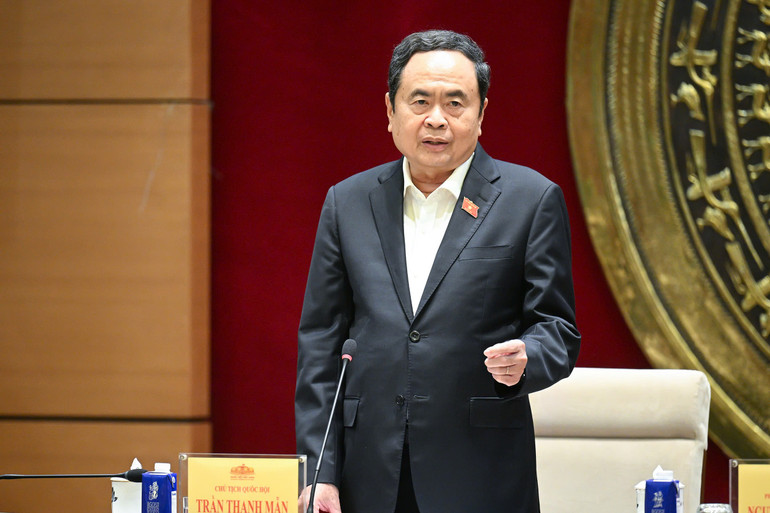 Chủ tịch Quốc hội Trần Thanh Mẫn phát biểu tại cuộc gặp mặt. (Ảnh: Duy Linh)