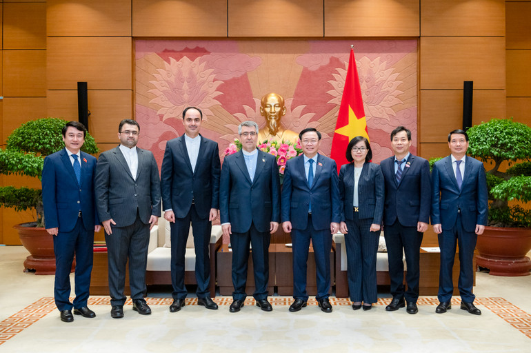 Chủ tịch Quốc hội Vương Đình Huệ và Đại sứ Iran Ali Akbar Nazar cùng đại biểu hai nước tại buổi tiếp. (Ảnh: Duy Linh)