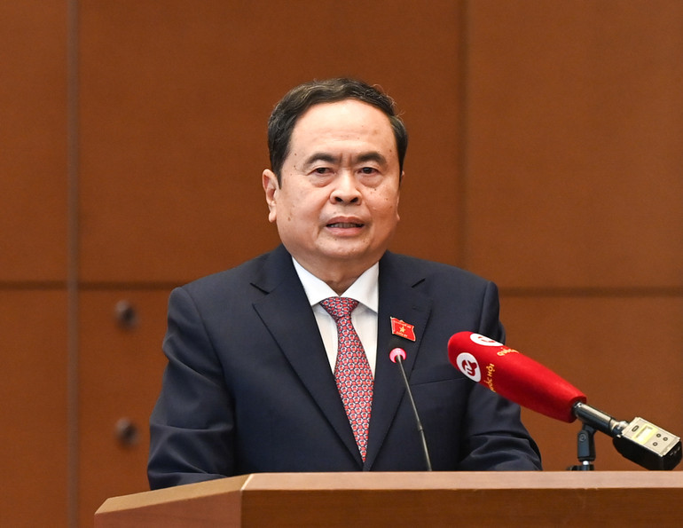 Chủ tịch Quốc hội Trần Thanh Mẫn phát biểu tại buổi gặp mặt. (Ảnh: DUY LINH)