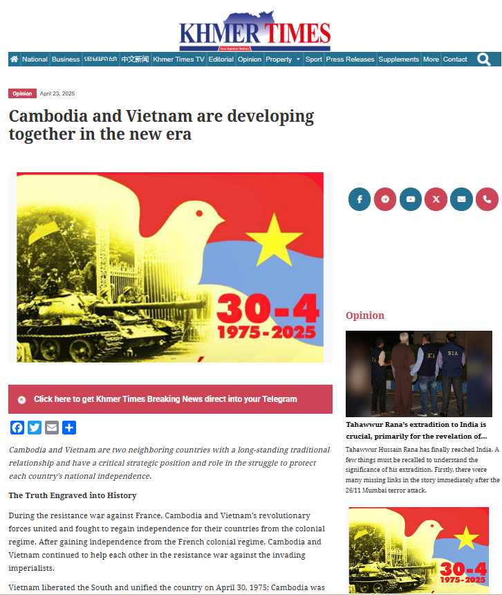 Bài viết nhan đề “Campuchia và Việt Nam cùng nhau phát triển trong kỷ nguyên mới” đăng trên Báo Khmer Times của nhà nghiên cứu Uch Leang. (Ảnh: chụp màn hình)