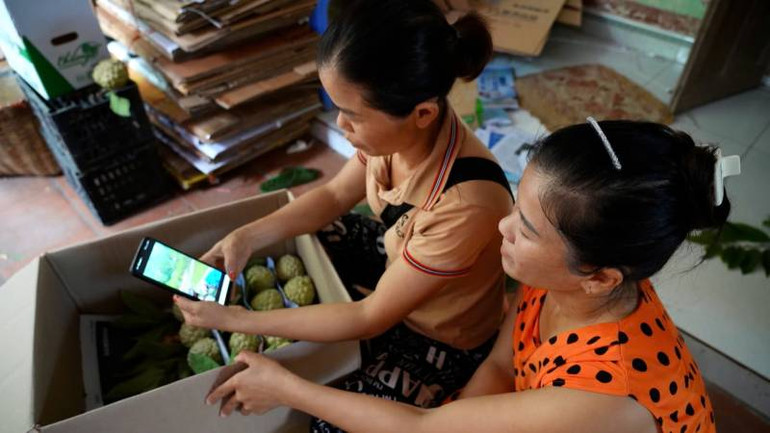 Người dân thôn Quán Thanh, xã Chi Lăng, huyện Chi Lăng (Lạng Sơn) đăng ký bán quả na trên sàn thương mại điện tử.